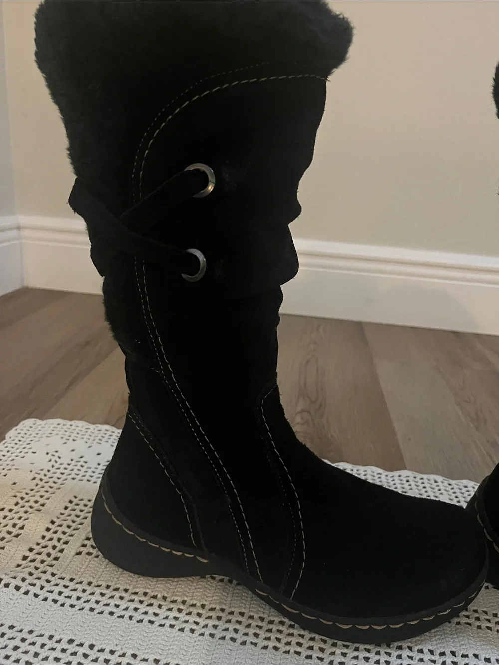 Bare Traps Black Suede Tall Winter Boots with Faux Fur Trim size 7 NWOB